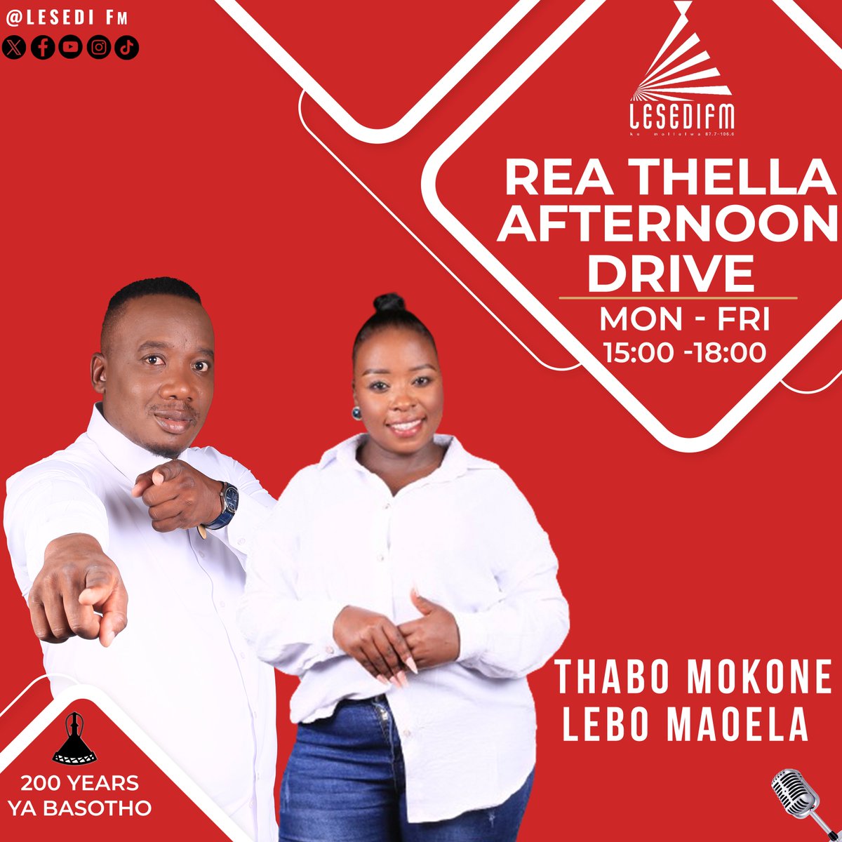 #ReaThella afternoon drive le Thabo Mokone le Lebo Maoela. 📱:0832840008 📞:0860003084 🌐: bit.ly/3JmKYxO Mamela Radio! #200YearsYaBasotho