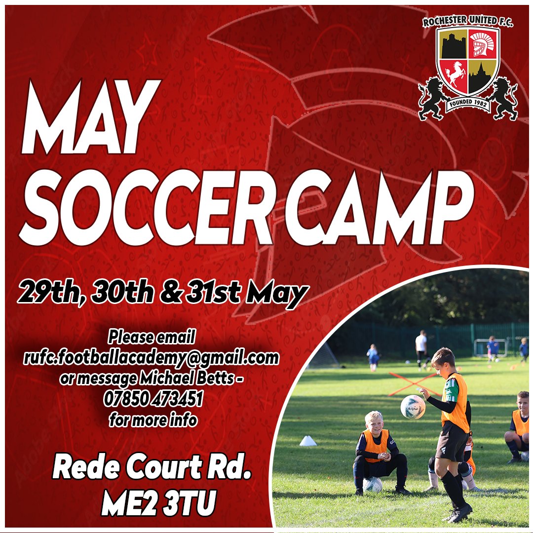 ⚽ May Soccer School Join us this May half-term, as we're re-launching our action-packed holiday camps from the 29th-31st of May, and take your skills to the next level! ✍️ For more info, please email rufc.footballacademy@gmail.com or message Michael Betts on 07850 473451