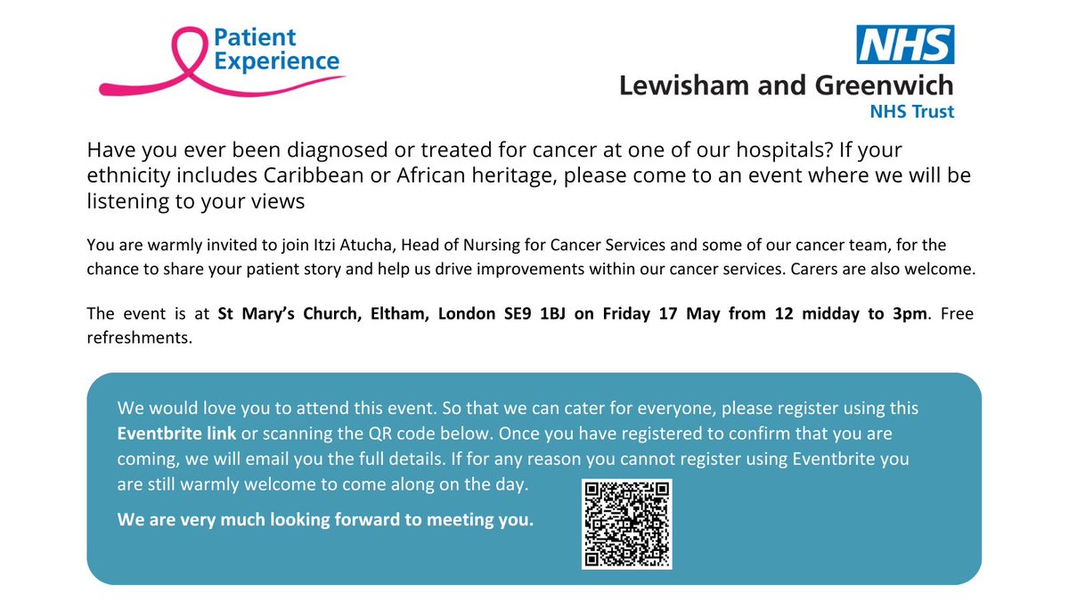 Have you been diagnosed or treated for cancer at a Lewisham and Greenwich NHS Trust hospital? Join their cancer team on Friday 17 May from 12.00pm to 3.00pm at St Mary's Church in Eltham to share your experience and help improve their cancer services.

 #improvingcancerservices