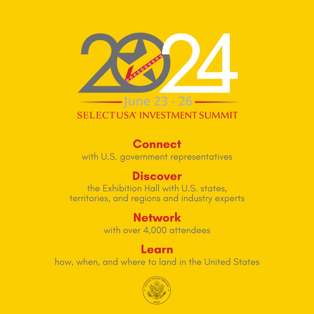 Discover the opportunities awaiting you in the 🇺🇸 at 2024 @SelectUSA Investment Summit, June 23-26! From facilitating impactful investments to creating jobs & fostering economic growth, SelectUSA is your gateway to success in the 🇺🇸 market: ow.ly/hCIs50Rvu22 #InvestinUSA