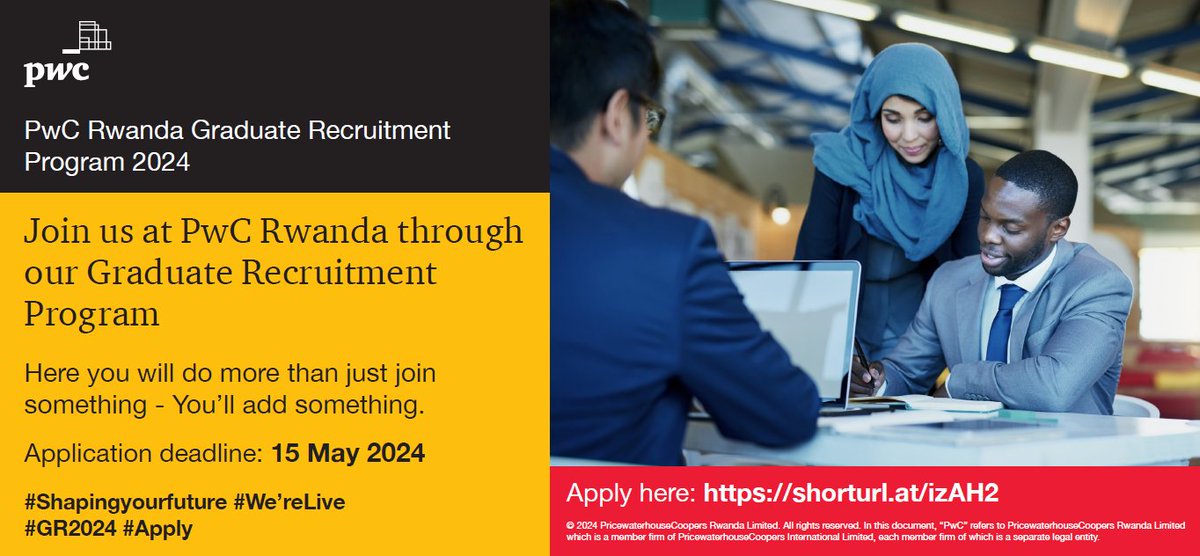 Have you submitted your application? Secure the opportunity to kickstart your career with PwC Rwanda's Graduate Recruitment Program, offering a unique chance to foster personal and professional growth. Click here to apply ow.ly/8wii50RvBEI !!!
#PwCProud #PwCRwanda #GR2024