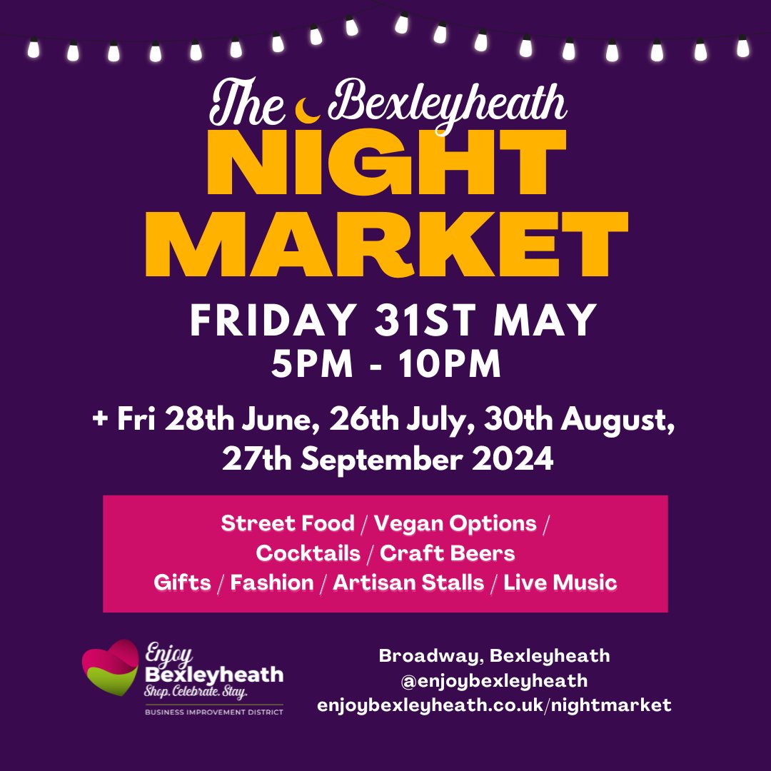 Summer nights in @BexleyheathTown just got better! 🌙 Join us for the return of the Bexleyheath Night Market on 31 May from 5pm-10pm. Experience an eclectic mix of food vendors, local artisans, live performances and a vibrant community atmosphere. See you there!