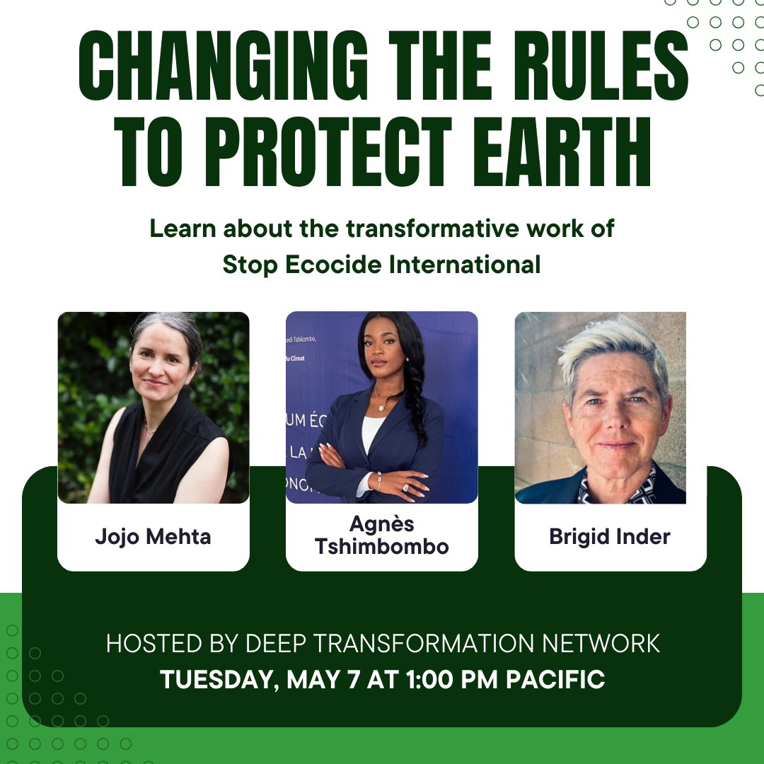 Tomorrow | 1PM PT The Deep Transition Network will be hosting: - @Jojo_Mehta, CEO, Stop Ecocide International - @agnestshim, co-Lead, Stop Ecocide Student Ambassadors - @BrigidInder, co-lead, Stop Ecocide #Aotearoa/#NewZealand More info: deeptransformation.network/posts/55752310 #StopEcocide