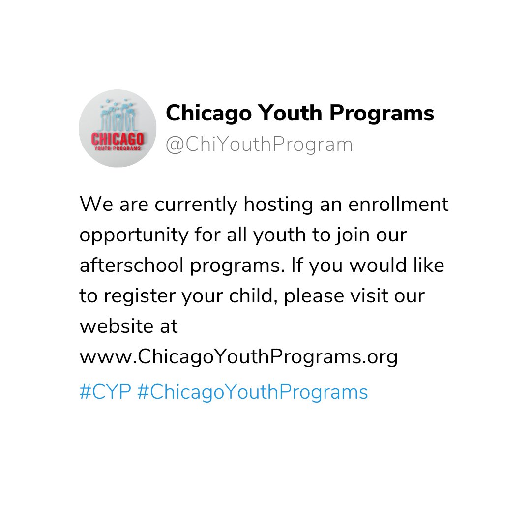 We are currently hosting an enrollment opportunity for all youth to join our afterschool programs. If you would like to register your child.

Learn more, donate or register to volunteer at
ChicagoYouthPrograms.org

#CYP #ChicagoYouthPrograms #MakingADifference