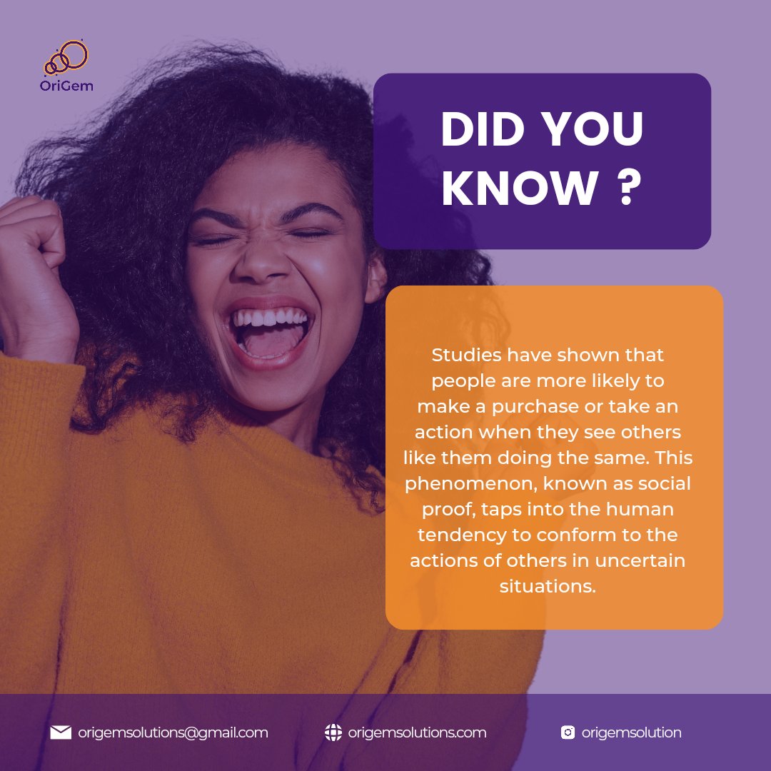 Did you know? People are more likely to buy when they see others like them doing the same. It's called social proof! Let's leverage this powerful psychology in your marketing strategy. 💼 #origemsolutions #SocialProof #DigitalMarketing'