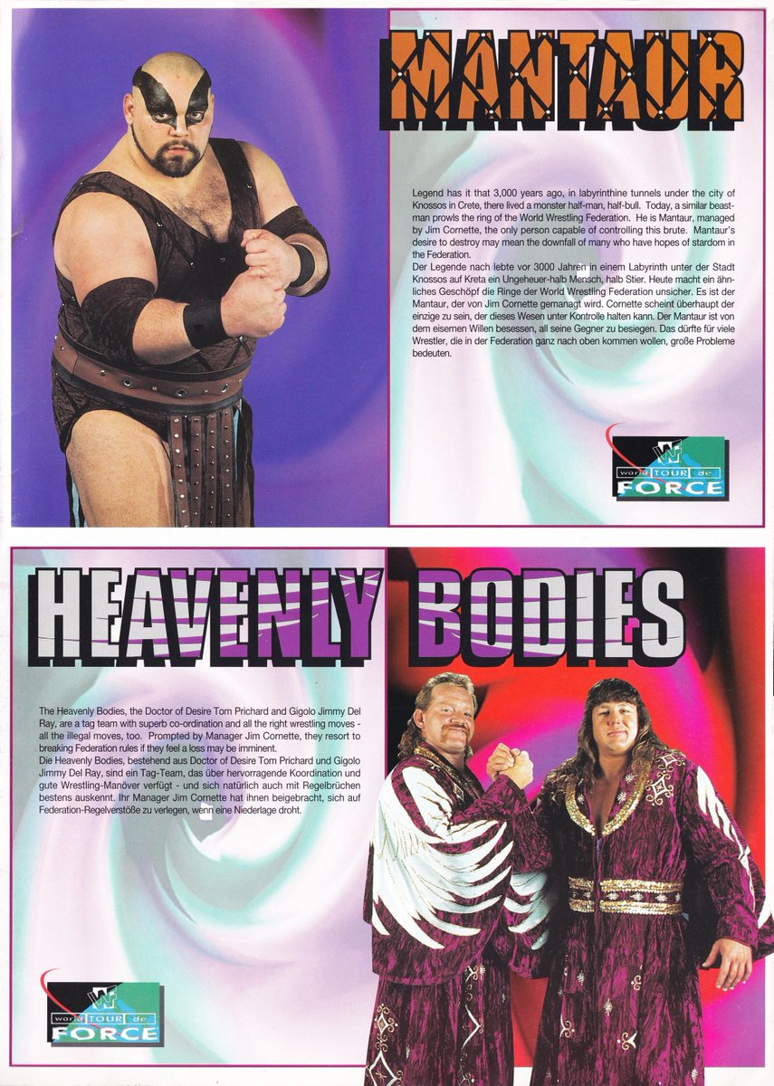 Profiles of Mantaur & The Heavenly Bodies from the 1995 WWF Tour de Force Programme. #WWF #WWE #Wrestling #Mantaur #HeavenlyBodies