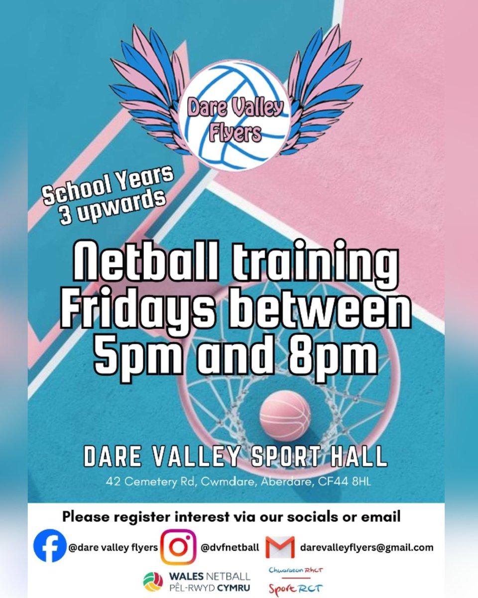 ⭐️Clwb Pêl-rwyd Dare Valley Flyers⭐️

🏐 Croesawu chwaraewyr ym mlwyddyn 3-9
🏐Sesiynau hyfforddi bob dydd Gwener 5-8pm yn Neuadd Chwaraeon Cymuned Cwm Dâr, CF44 8HL
🏐Anfonwch neges at y clwb ar y cyfryngau cymdeithasol, neu e-bostiwch darevalleyflyers@gmail.com!