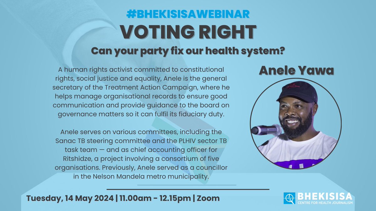 Human rights advocate and general secretary of @TAC, @YawaAnele, squares off against political party heavyweights ahead of this year’s #elections. Register for the latest #BhekisisaWebinar to catch all the action. #SAElections2024 docs.google.com/forms/d/e/1FAI…