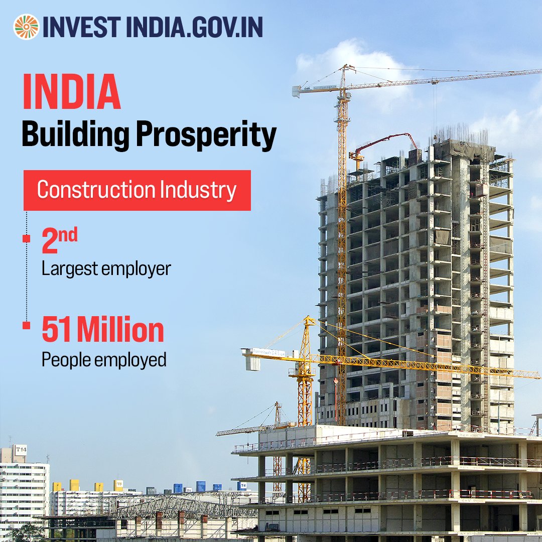 With 100 #smartcities and 11 #industrial corridors currently, #NewIndia is building the infrastructure of the future, one brick at a time. 🏗️👷‍♂️ Discover more at bit.ly/II-Construction #InvestInIndia #InvestIndia #RealEstateIndustry #RealEstate #Employment