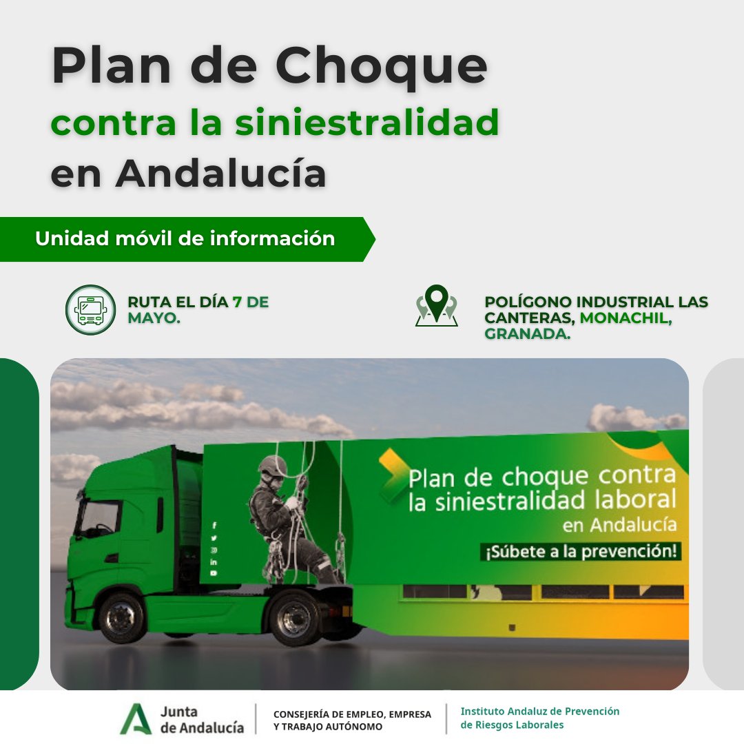 👉 El próximo día 7 de mayo, la Unidad Móvil estará de ruta en Monachil (Granada), en el polígono industrial Las Canteras. 🚚⁣ ¿Y si hoy pudiéramos cambiar el destino y evitar un accidente laboral?🤔⁣ Más información: bit.ly/49V1VOj #IAPRL #PRL #SeguridadLaboral