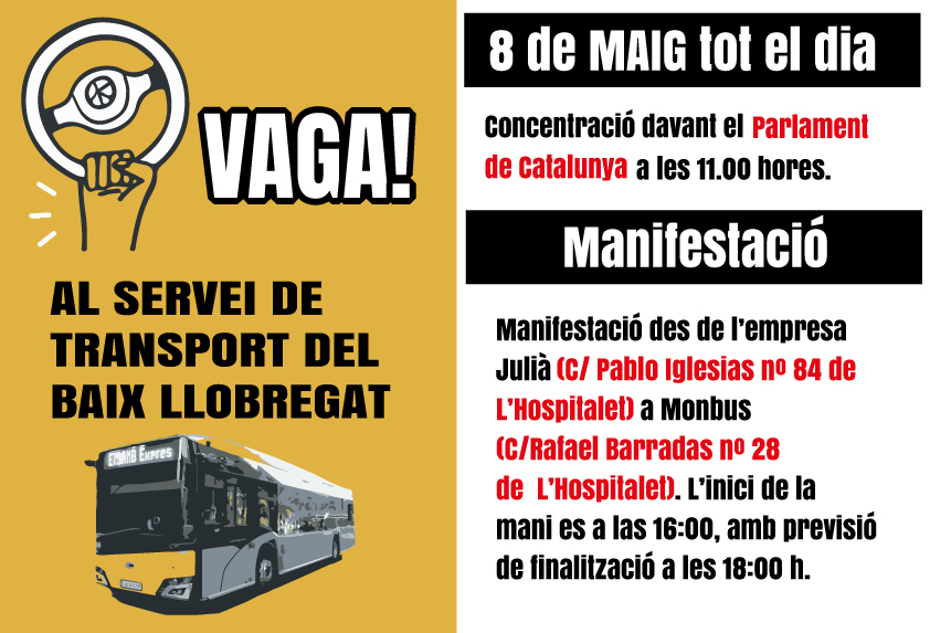 ❌L'empresa Monbús/Julià/UTE Sant Boi precaritza el servei de transport al Baix Llobregat. 

🤚8 DE MAIG #VAGA. 

📢Volem un #ServeiPublic de qualitat i unes condicions de treball dignes per la plantilla!