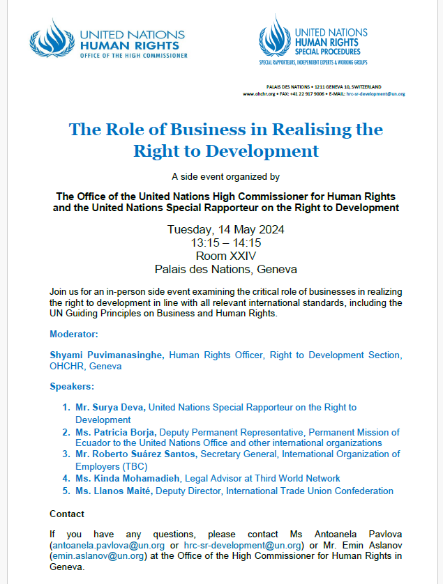 I am co-organising with OHCHR two side events in Geneva: 1) Right to development and ESCRs (13 May): indico.un.org/event/1011558/ 2) Role of business in realising the right to development (14 May): indico.un.org/event/1011559/ Pl join us in Room XXIV if in Geneva next week @PradeepSWagle