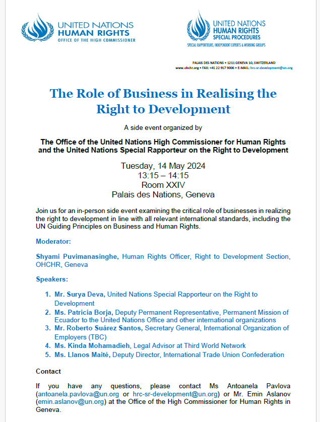 UNSRdevelopment's tweet photo. I am co-organising with OHCHR two side events in Geneva: 
1) Right to development and ESCRs (13 May): https://t.co/eLeH7oLPXV
2) Role of business in realising the right to development (14 May): https://t.co/6xeQS3hbNG

Pl join us in Room XXIV if in Geneva next week @PradeepSWagle https://t.co/fXjT2629GH