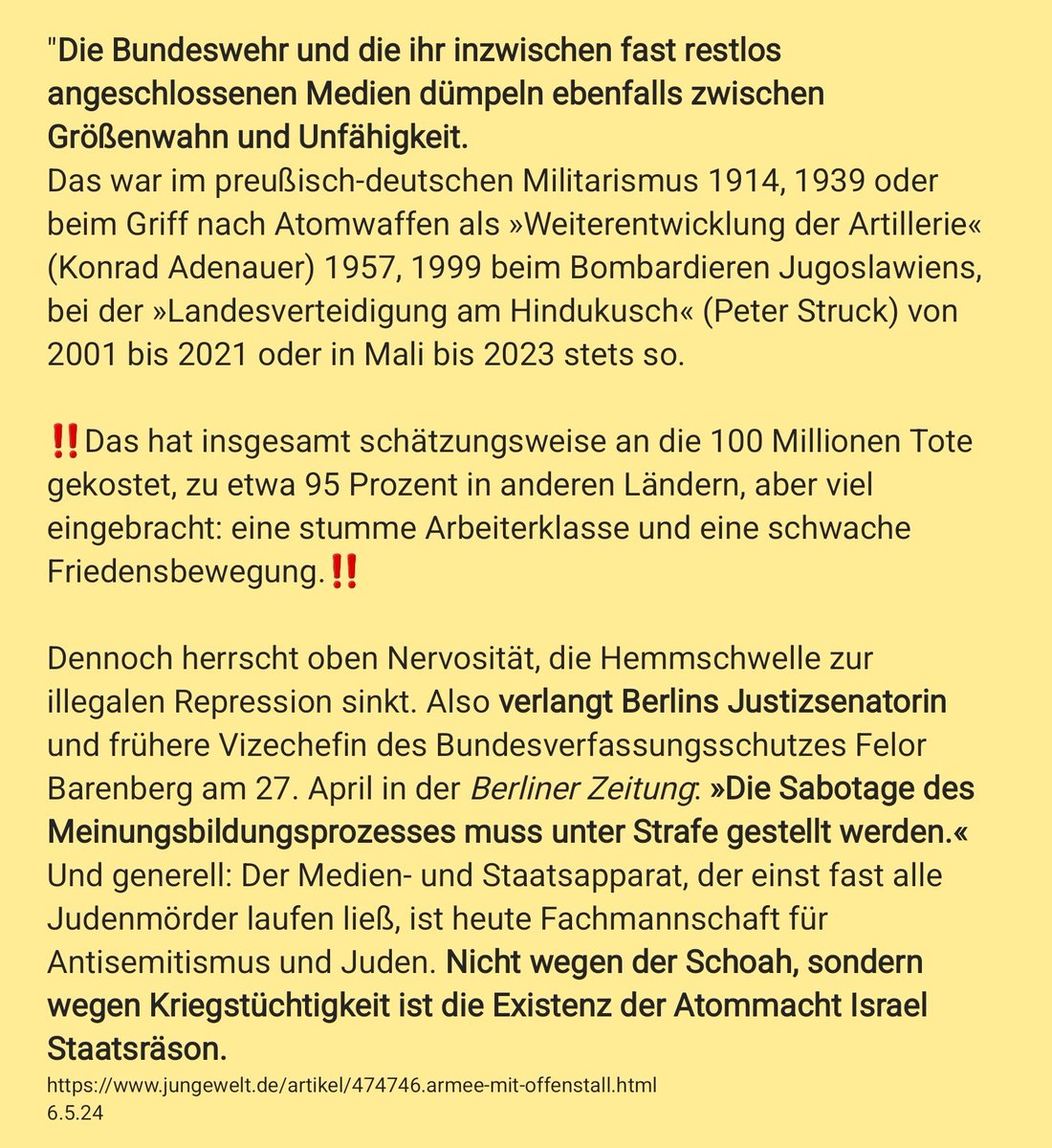 '#Kriegstüchtig wollen sie werden, und zwar schnell. In 6 Jahren steht der Russe...vor der Tür,+ der Chinese lauert, wenn auch zu Hause. Da kann...#Baerbock vorstellen, dass eine deutsche Fregatte demnächst durch die Taiwan-Straße fährt, um ihn zu reizen.' jungewelt.de/artikel/474746…