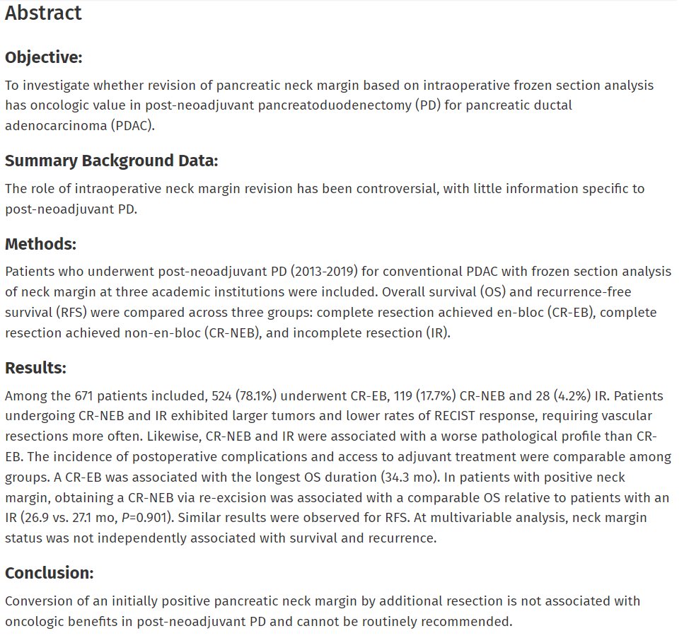 Do you check pancreatic neck margin for frozen section in post-neoadjuvant PD❓In our new paper with @SanRaffaeleMI + @MGHSurgery, conversion of an initially positive neck margin by additional resection was not associated with improved outcomes. journals.lww.com/annalsofsurger…