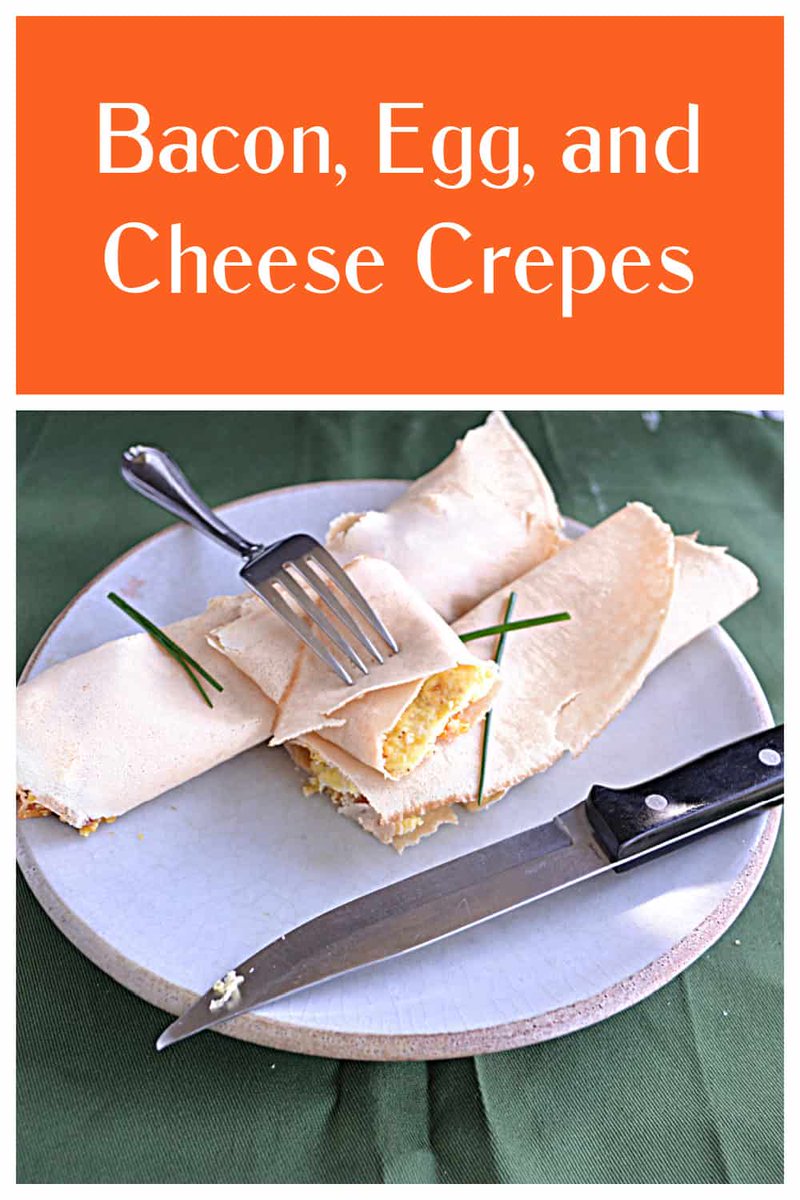 Savory crepes are filled with scrambled eggs, crispy bacon, and cheddar cheese. They are perfect for breakfast or brunch and can be made with homemade or pre-made crepes. #breakfast #BrunchWeek #crepes #eggs hezzi-dsbooksandcooks.com/bacon-egg-and-…