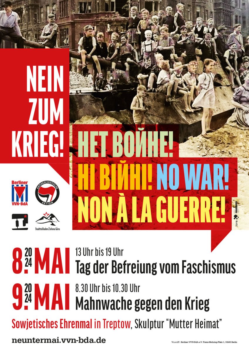 Der 8. und 9. Mai stehen bevor. Als #VVNBdA begehen wir den 8. Mai als Tag der Befreiung und fordern, dass dieser Tag bundesweit als Feiertag anerkannt wird. Der 9. Mai wird als Tag des Sieges über den deutschen Faschismus gefeiert. #b0805 #b0905 #TagderBefreiung #nowar