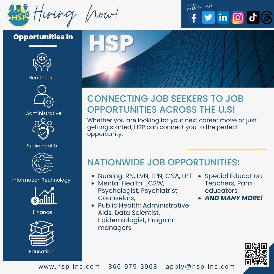 Check out our diverse range of job openings across various industries. Whether you're seeking a career change or a new challenge, we have something for everyone. Visit our website to find your perfect fit. 💻hsp-inc.com #CareerOpportunities #JobSearch