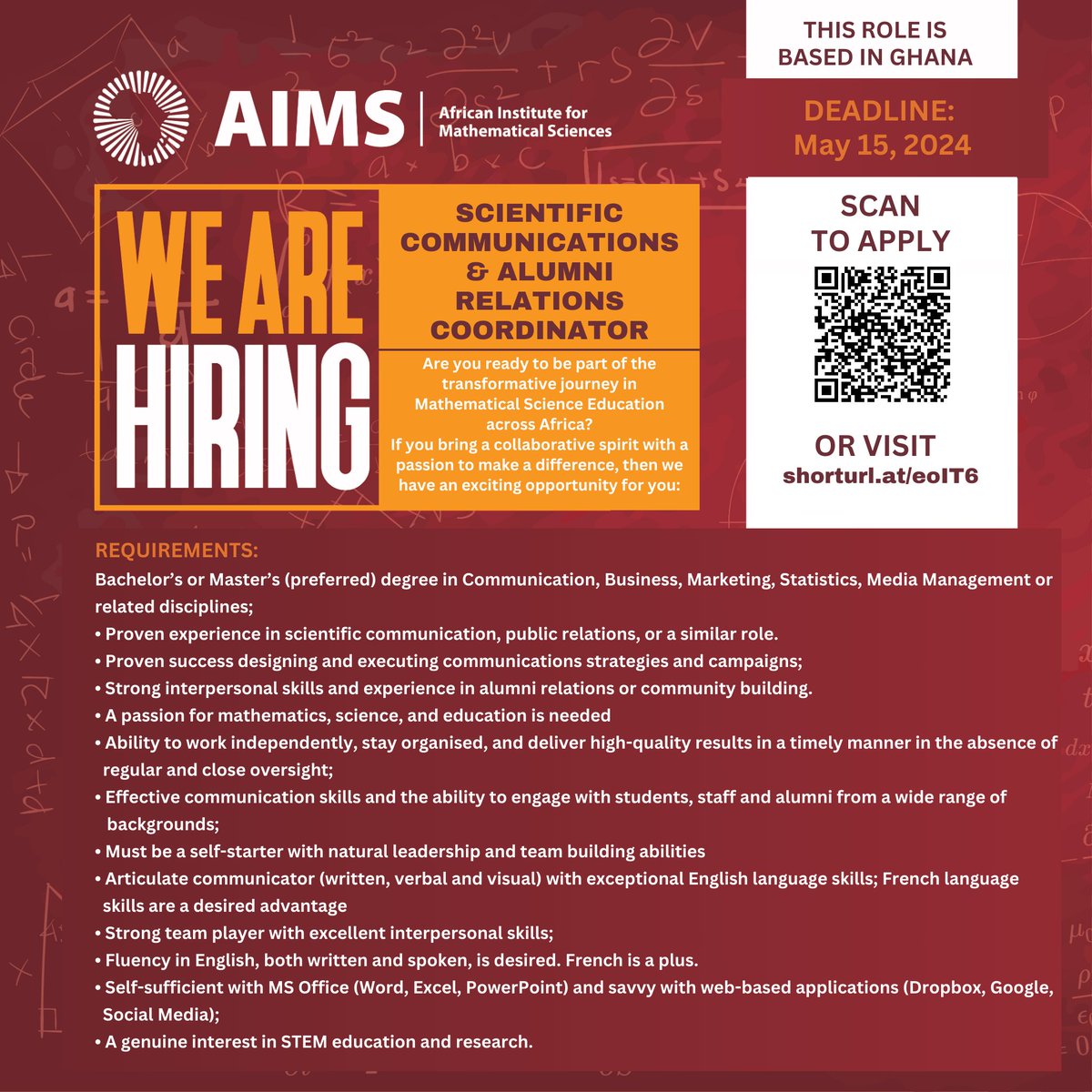 #Opportunity Join our team at AIMS! 🚀We seek passionate individuals to drive academic excellence & scientific #communication across the network! 🔍 Academic Director - Undergrad: shorturl.at/hmwD0 📢 Scientific Comms & Alum Relations Coordinator: shorturl.at/eolT6