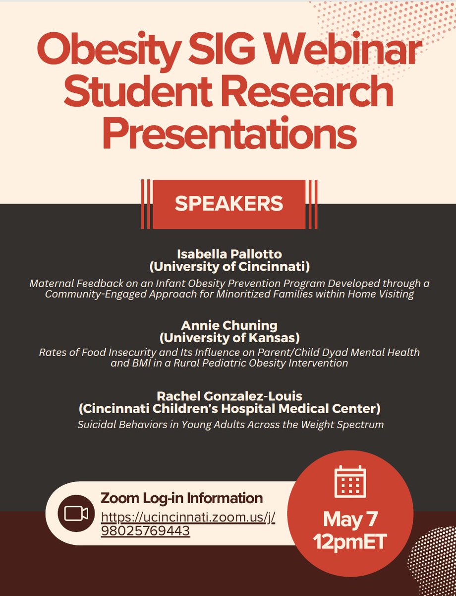 SPPAC may be over, but the Obesity SIG still has another event to offer! Join our virtual SIG meeting tomorrow (5/7) at 12pm EST & watch some phenomenal student research presentations!