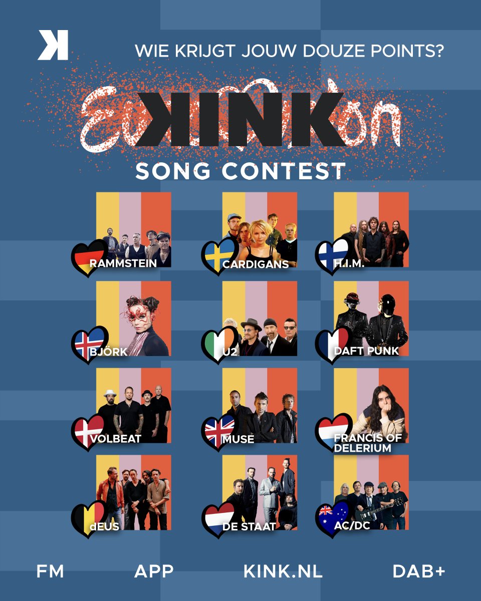 Vanavond is de eerste @Eurovision halve finale. Niet perse de muziek die je op KINK hoort, tenzij je natuurlijk je eigen deelnemersveld maakt! Wie zou er van jou 12 punten krijgen?
