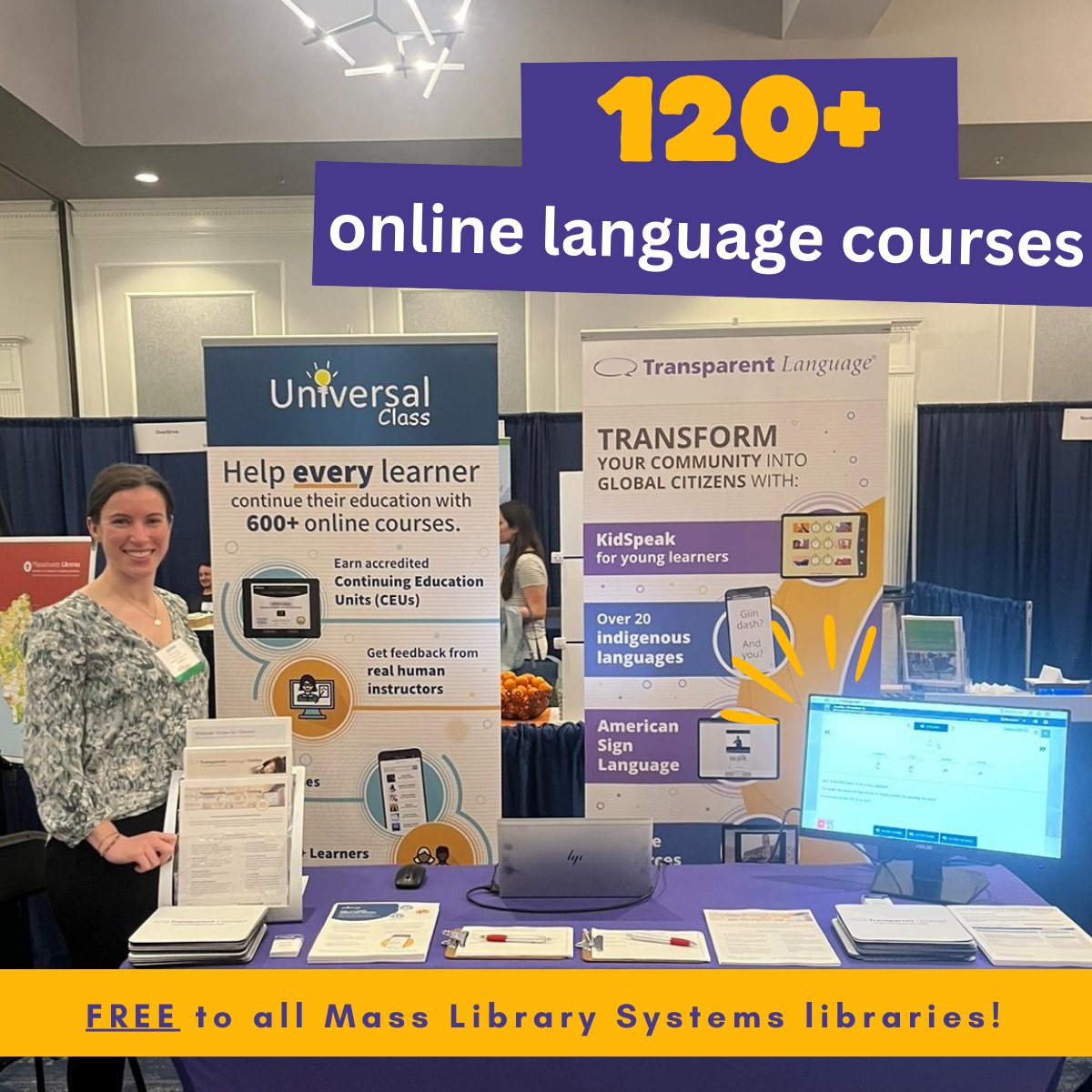 TLILanguages's tweet image. 👋 Hola, olá, 你好, and hello #MassLib2024!

Are your patrons interested in languages? 

Come by booth 34 to explore any of the 120+ languages in Transparent Language Online, such as: 
👉ESL
👉ASL  
👉common languages in MA like Portuguese &amp;amp; Haitian Creole