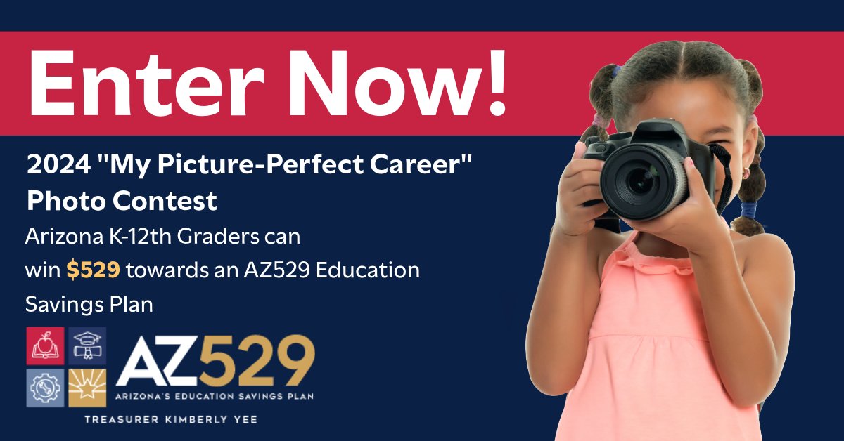 ⭐️NEW⭐️ Arizona Treasurer Kimberly Yee officially launched the @AZ_529 “My Picture-Perfect Career” Photo Contest today! The contest is open to all Arizona K-12th grade students. Winners will receive $529 towards a new or existing AZ529 Plan. Keep reading for more details! 1/3