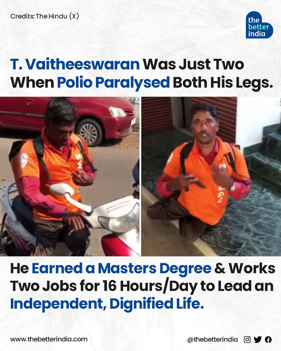 At a very young age, Polio struck T. Vaitheeswaran, leaving both his legs paralysed.

#inspiration #disabilityawareness #trichy #india #healthcare #deliveryagent #trekker

[Polio survivor, Good News, Inspiration, T Vaitheeswaran, Tamil Nadu, Education]