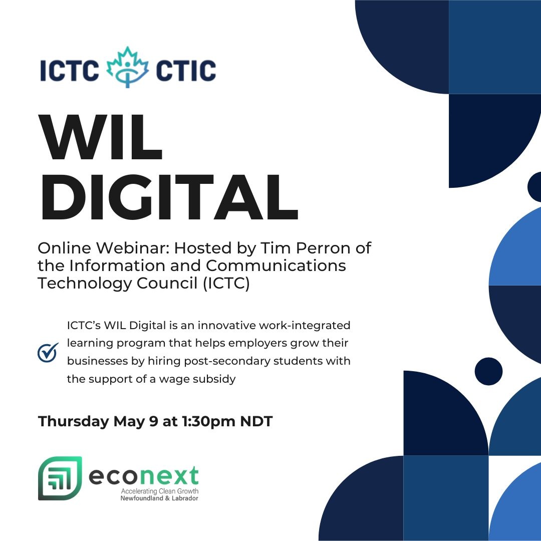 Are you a business interested in hiring a student? econext is hosting a webinar in partnership with @ICTC_CTIC all about their WIL Digital wage subsidy program! This webinar will take place on Thursday May 9, 2024 at 1:30pm NDT. Register here: eventbrite.ca/e/webinar-ictc…