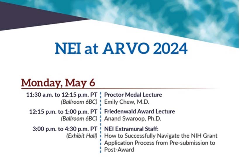 It's Monday at #ARVO2024 and the day is jam-packed with #NEI activity! Our own Emily Chew and Anand Swaroop are speaking and the #NEI staff will discuss the grant application process in detail. Don't miss this!