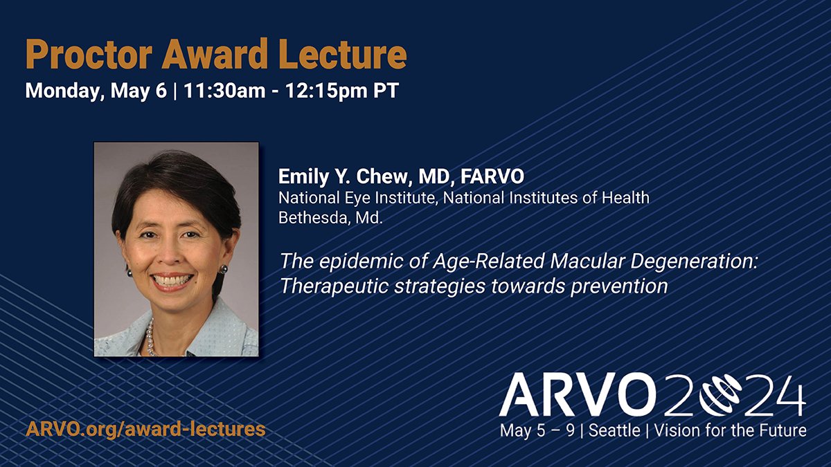 It's Day 2 of #ARVO2024! Be sure to catch the Proctor Medal Lecture with Emily Chew, MD, FARVO (@NatEyeInstitute) for an insightful discussion on tackling The epidemic of Age-Related #MacularDegeneration (Room 6BC - Level 6). bit.ly/2tqBu07
@ARVOinfo