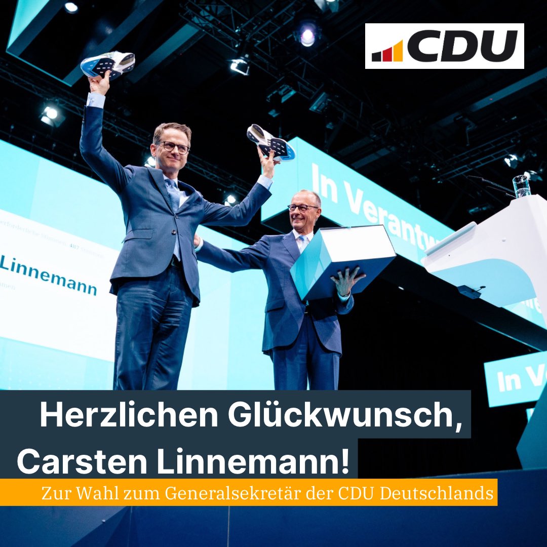 Wir gratulieren sehr herzlich zur Wahl zum Generalsekretär der CDU @Carsten Linnemann! Wir freuen uns auf ganz viel #CDUpur! #cdupt24
