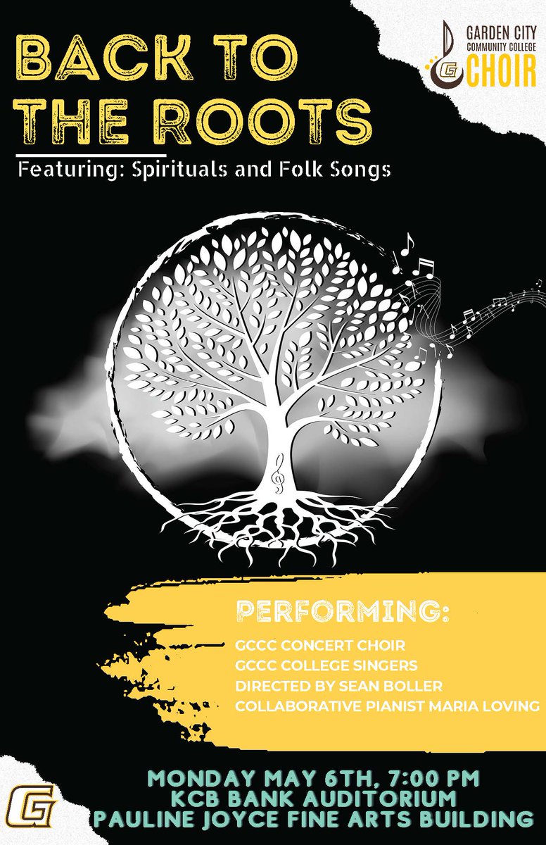 TONIGHT - Choir Concert 'Back to the Roots' featuring spirituals and folk songs performed by GCCC Concert Choir and GCCC College Singers. Directed by Sean Boller. Collaborative Pianist: Maria Loving. 🟤7 PM in the KCB Bank Auditorium at GCCC 🟡Free & open to the public