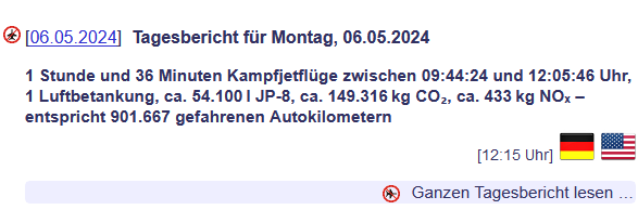 17:25 Uhr Tagesbericht noch immer Stand 12:15 Anscheinend fällt es Holger @bifluglaerm heute schon wieder (!) schwer eine passende Menge an Spangdahlem F16 zu erfinden. 😅