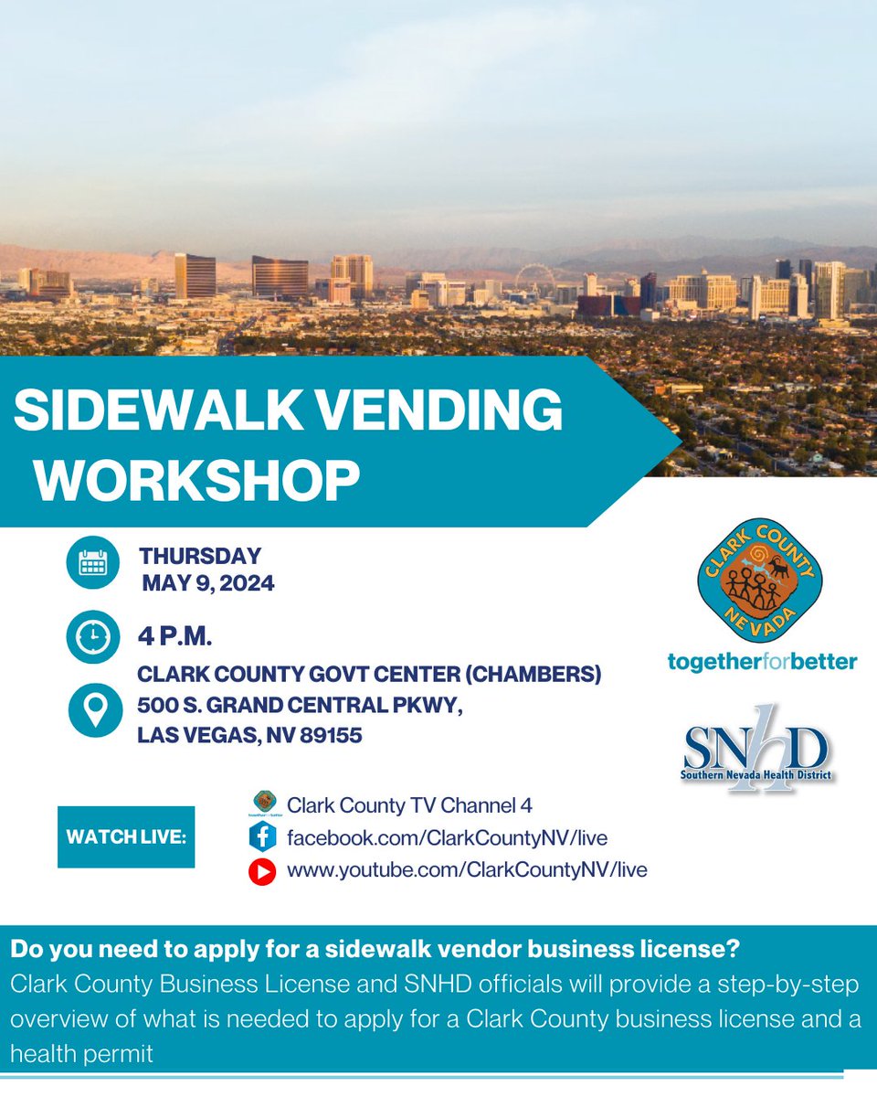 HAPPENING THIS WEEK: #ClarkCounty will hold an informational workshop Thursday, May 9th at 4pm. Business License officials will provide a step-by-step overview of what is needed to apply for a Clark County business license. @SNHDinfo representatives will also be available to…