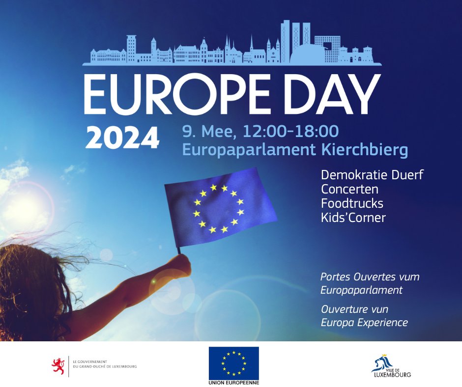 🇪🇺 Geschwënn ass den #EuropeDay 2024! Kommt dësen Donneschdeg an den @Europarl_LU um Kierchbierg fir en Dag voller Festivitéite ronderëm d'#Diversitéit an d'#Demokratie vun Europa. 🗳️🎉 Verpasst net den Democracy Village, d'Erliefnis Europa, Concerten, an nach villes méi!