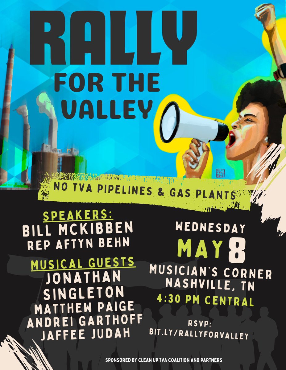 In 2 days communities across the Tennessee Valley are rallying for a #FossilFree future and to stop TVA’s reckless gas buildout! 

Will you join us?

🗓️Weds. May 8 at 4:30pm CT
📍Musician’s Corner, Nashville TN
🔗 RSVP at bit.ly/rallyforvalley
