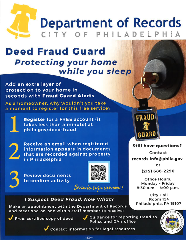 Protect yourself from deed fraud by registering for Fraud Guard Alerts with the @PhiladelphiaGov Department of Records. ⬇️ Sign up for free: phila.gov/services/prope…