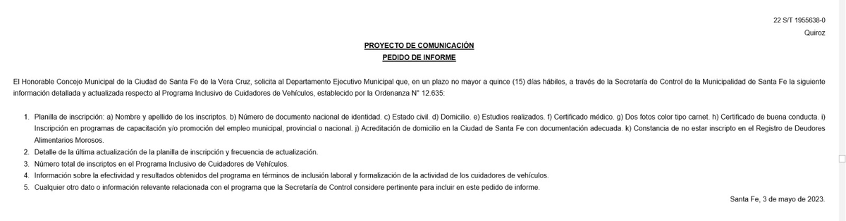#Cuidacoches en Santa Fe: la concejala Violeta Quiróz anunció que votará en contra de la derogación de la ordenanza del 2019. 

A su vez, presentó un pedido de informe para saber cuántos y quiénes son los cuidacoches. 

"No hay una ordenanza superadora"