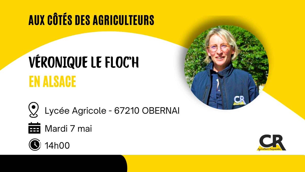 La Coordination Rurale aux côtés des agriculteurs 
Véronique Le Floc'h, Présidente de la CR, sera en #Alsace mardi 7 mai
📍 au lycée agricole d'#Obernai
Nous vous attendons nombreuses et nombreux

#coordinationrurale #basrhin #agriculteur #grandest
