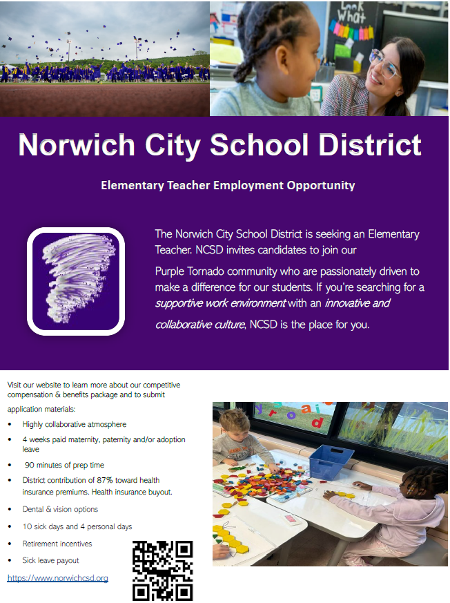 NCSD has an employment opportunity for Elementary Teachers! Interested in learning more about choosing Norwich? youtube.com/watch?v=O40HIL… Join us to connect, inspire and empower!