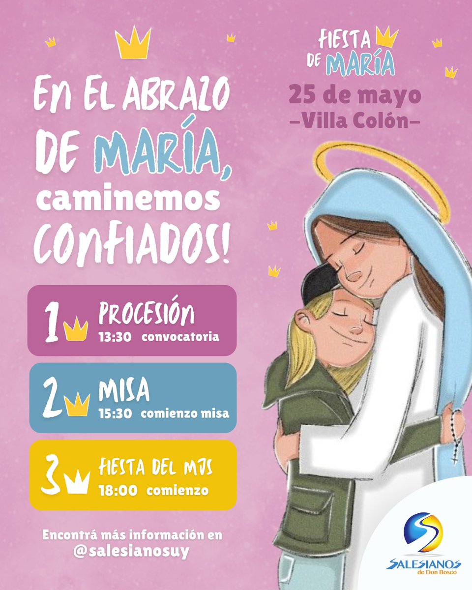 Se viene la gran Fiesta de María!! 🤩Agendate ya el 25 de mayo en Villa Colón! 

Si querés encontrar más información, anda a nuestro instagram: <a href="/salesianosuy/">salesianosuy</a>