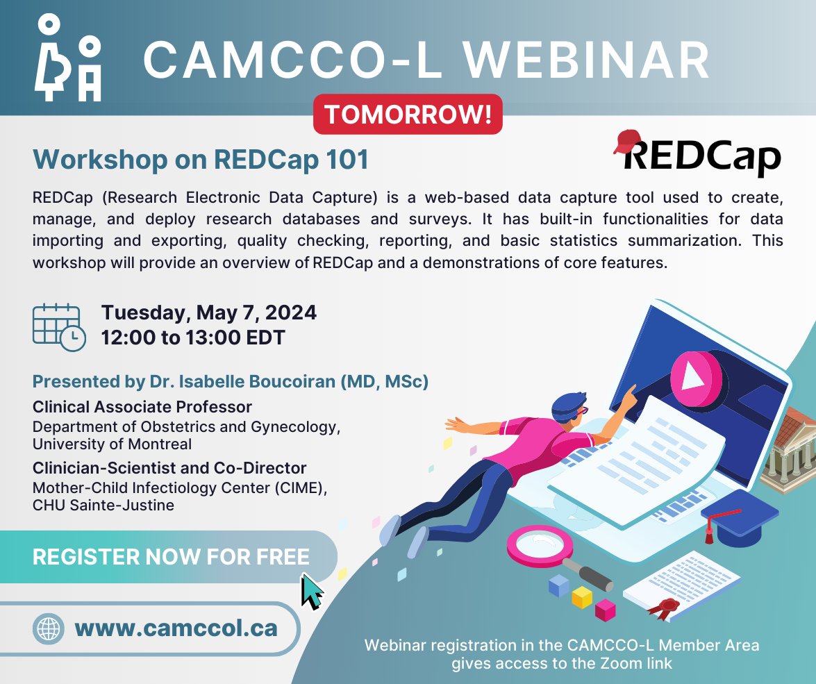 UPCOMING WEBINAR | Workshop on REDCap 101 Join us TOMORROW at noon EDT for a webinar presented by one of our Co-PIs, Dr. @IBoucoiran! This workshop will provide an overview and demonstrations of the core features of REDCap, a web-based research data capture tool.