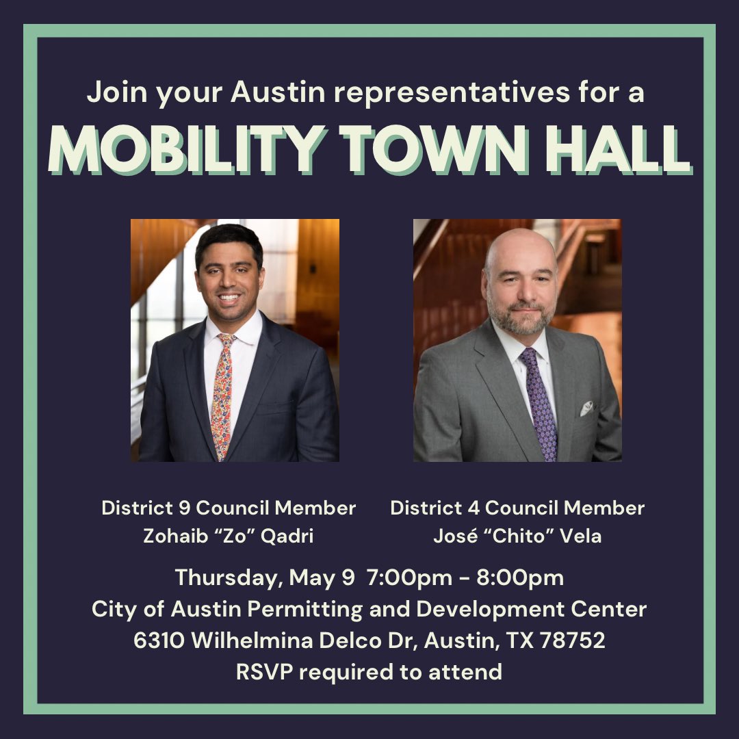 Please join @CMZoQadri and I for a mobility town hall Thursday, May 9! Staff from @CapMetroATX, @austinmobility and Project Connect will be there to answer questions. We will start w brief remarks and move to Q and A. Free parking, please validate your ticket at the event.