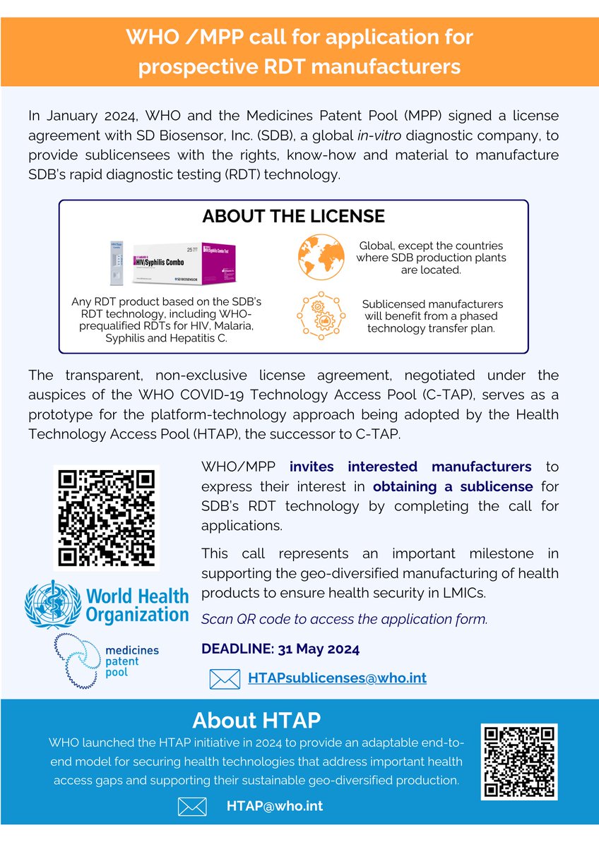 📢 WHO & MPP extend H-TAP call for applications! 🌍 Gain sublicenses to produce SD BIOSENSOR's RDT tech. for C-19, HIV, malaria & more. 🏭 🗓 Deadline: 31 May 2024 📧: htapsublicenses@who.int Details: bit.ly/3WtPJQE #Diagnostics #Access #HIV #Malaria #STIs #Hepatitis