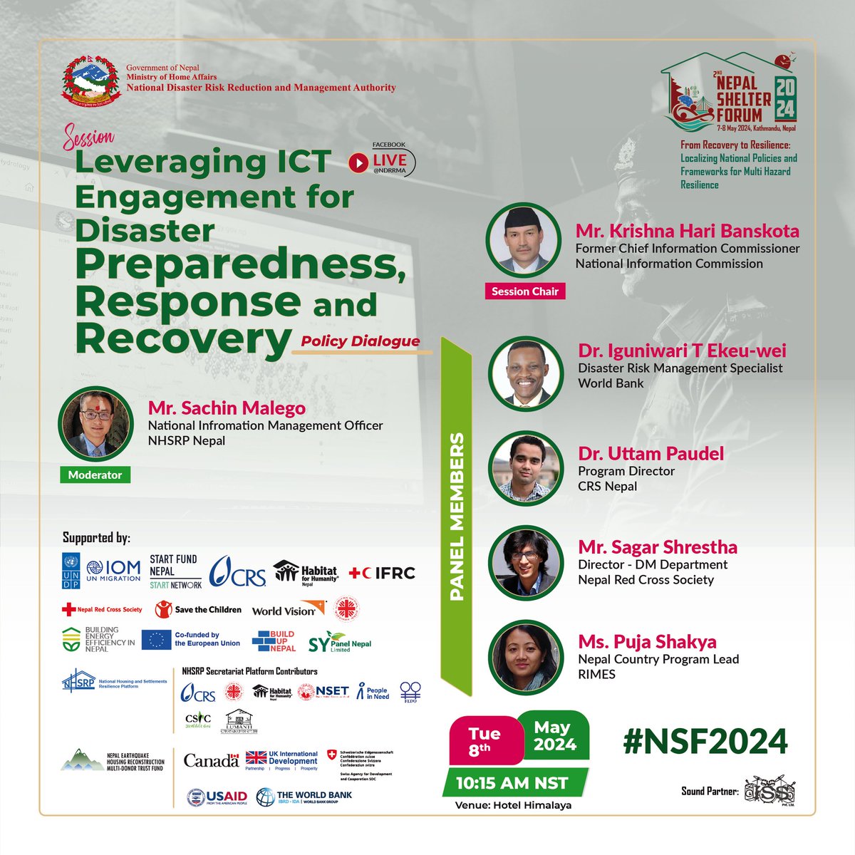~~2nd Nepal Shelter Forum 2024 ~~

Delve into the crucial topic of 'Leveraging ICT Engagement for Disaster Preparedness, Response and Recovery' and unpack learnings in science -based advancements into the DRRM.

Its on May 8th, 2024, 10:15 AM to 11:15 AM (NST) #Nepal