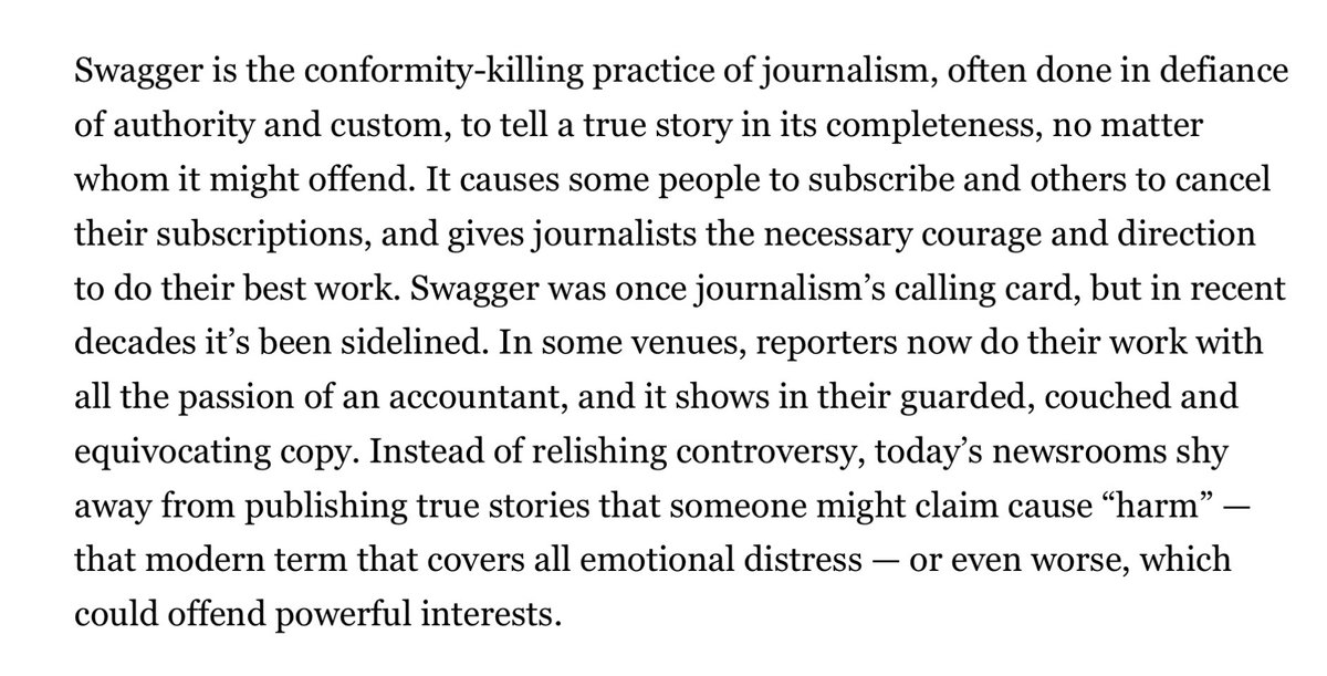 As a writer who was hit with a smear campaign and threatened with “Gawker-style” litigation (and worse!) last week, I understand why journalists avoid certain stories. But we can’t let the bully tactics win. Thoughtful read from @JackShafer on how journalism lost its “swagger”