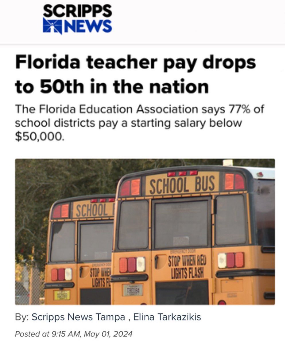 Florida is now 50th in the nation for teacher pay after new union busting laws, lack of funding, and decades of GOP rule. To make matters worse, our state now faces one of America’s worst educator shortages. Our teachers and kids deserve better. It’s time we #TakeBackFL! 🗳️