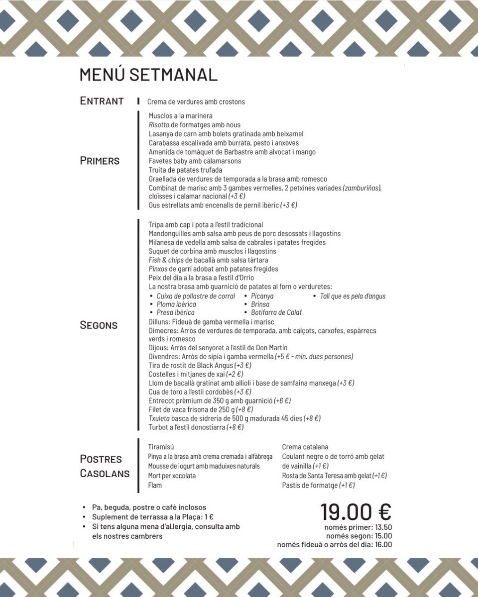 rtedonmartin's tweet photo. Inicia la setmana amb el #menú setmanal de #RestauranteDonMartin per només 19€.
La varietat és la nostra especialitat 🍽️😊
📍 Plaça de la Vila, #SantaColomadeGramenet
☎️ Reserves al 933 85 55 61
#Barcelona #restaurante #BBQ #menusemanal #menudiario #foodiesbcn #bcnfood https://t.co/RMZ4OfSvaG