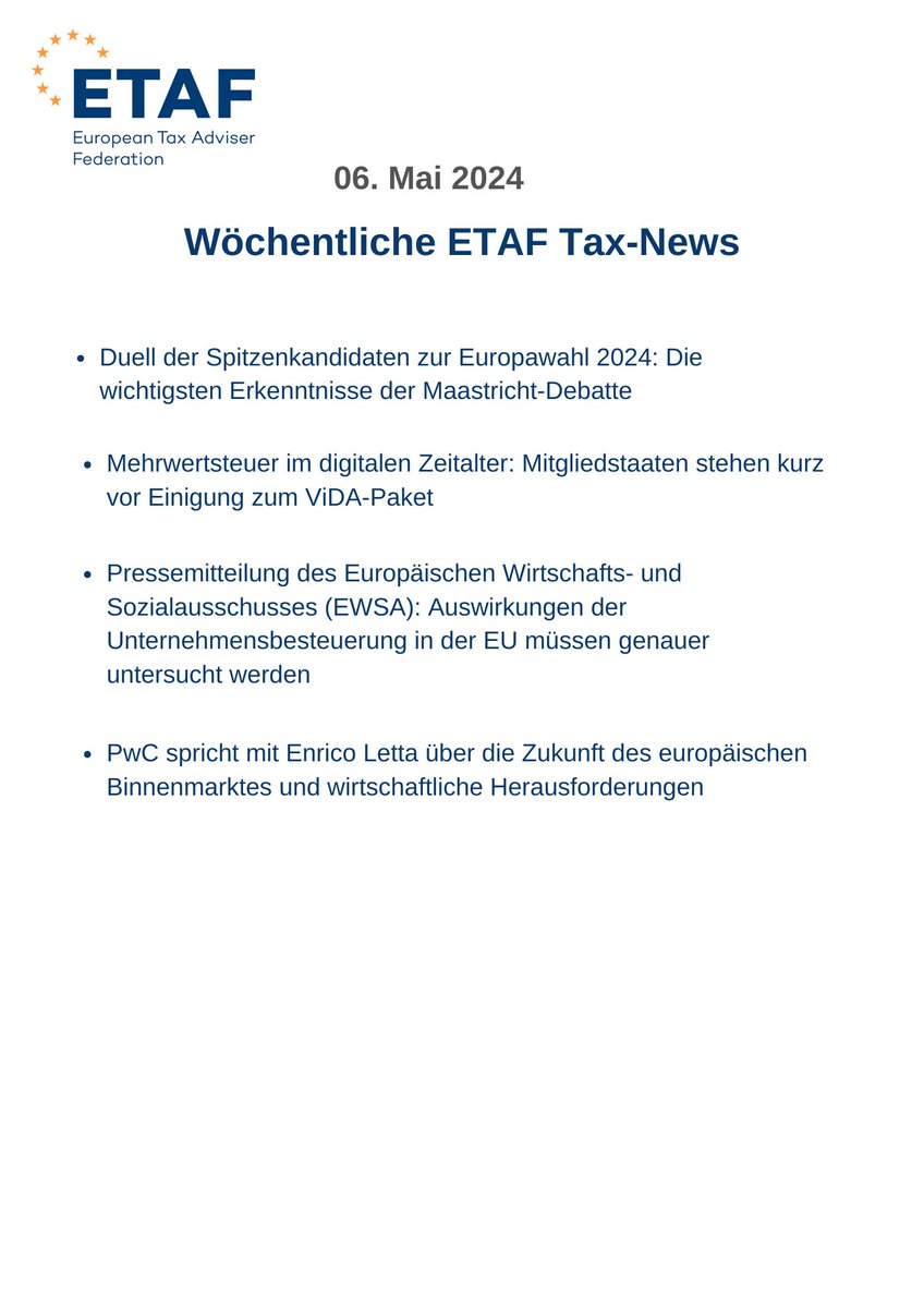 Montagnachmittag: Die neuen <a href="/ETAFtax/">ETAF</a> Tax-News 🗞️ sind da. Mit spannenden #EU News für den Berufsstand. Die englische Fassung finden Sie im ersten Kommentar 💭. Lesen Sie mehr ⬇️⬇️

#TaxTwitter #tax